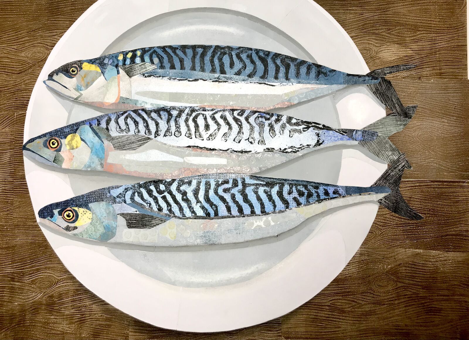 Collage of three mackerel on a plate by Boots Hackman